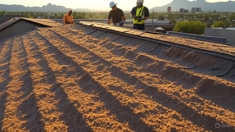 Professionals inspecting dust buildup on Arizona roof, preventing damage from desert dust in Maricopa, Chandler, Tucson for effective roof care.