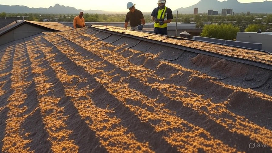 Professionals inspecting dust buildup on Arizona roof, preventing damage from desert dust in Maricopa, Chandler, Tucson for effective roof care.