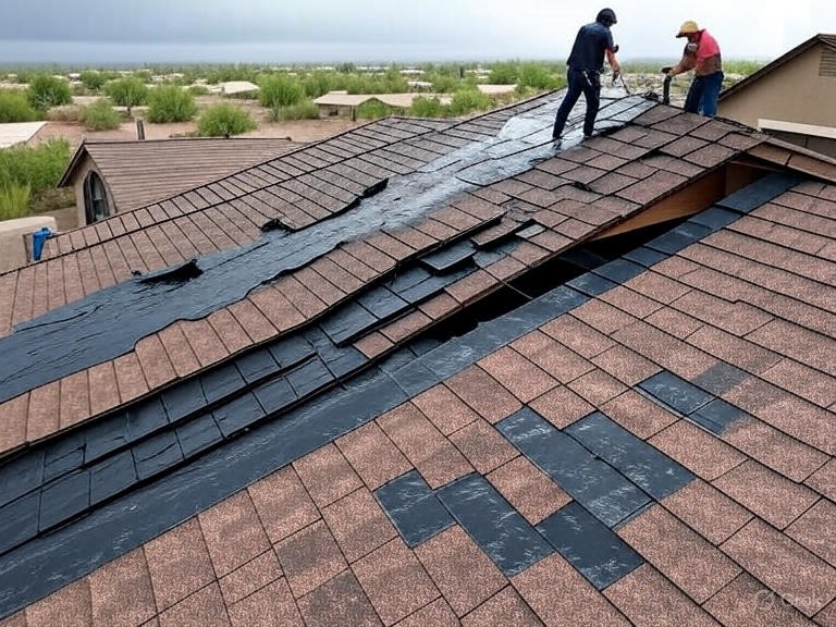 roof leak case study in AZ, showing a Phoenix home with damaged roof tiles, drone inspection in desert landscape, repair crew sealing flashings, monsoon rain visuals, and post-repair protected roof