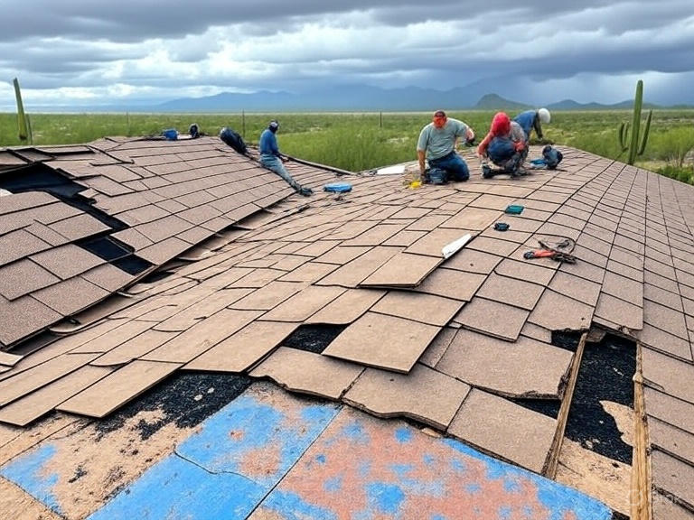 roof repair vs replacement in Arizona, showing damaged roof sections with cracked tiles, repair tools and patching, new roof installation crew, monsoon storm clouds and heat visuals in desert landscape with cacti