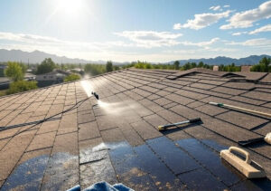 Professional roof cleaning in Arizona: Workers pressure washing dust and debris from a shingle roof under clear desert skies with mountains in the background, highlighting how often to clean roofs in AZ for optimal maintenance.