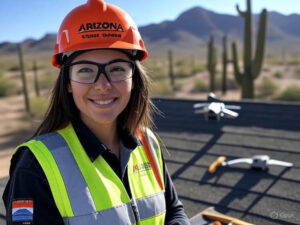 Confident female roofing expert leading team with drone for annual roof maintenance plan in AZ desert, ensuring monsoon readiness and heat resistance.
