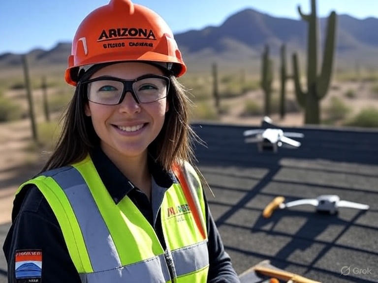 Confident female roofing expert leading team with drone for annual roof maintenance plan in AZ desert, ensuring monsoon readiness and heat resistance.