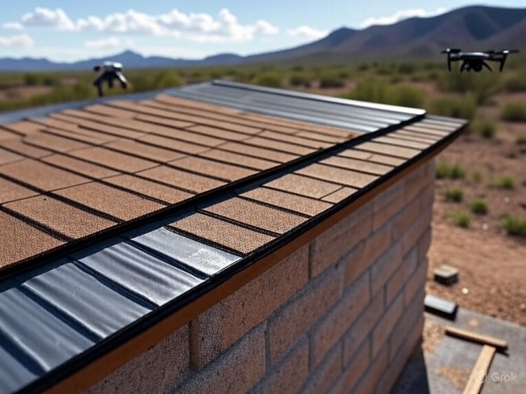 Professional roofer installing heat-resistant materials on an Arizona roof, emphasizing long-lasting repair durability against monsoon and UV exposure in a desert landscape with cacti and mountains.