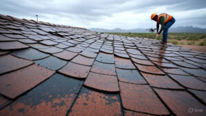 damaged Arizona roof during a monsoon storm, showing cracked tiles and water pooling, with a professional roofer using a drone for inspection in the desert landscape background, emphasizing repair costs and safety.