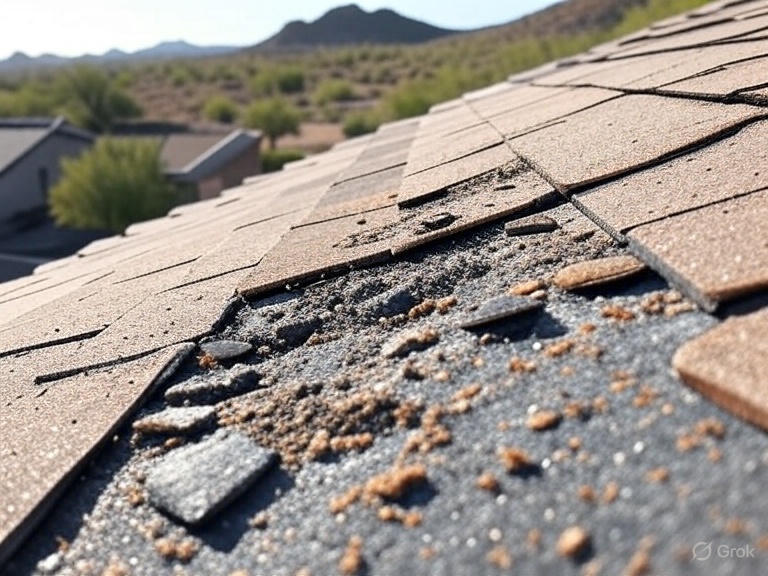 top 5 most common roof problems in AZ, including cracked tiles from heat, monsoon leaks, damaged flashings, debris buildup, and degraded coatings, with desert climate visuals for Maricopa, Chandler, and Tucson homeowners.