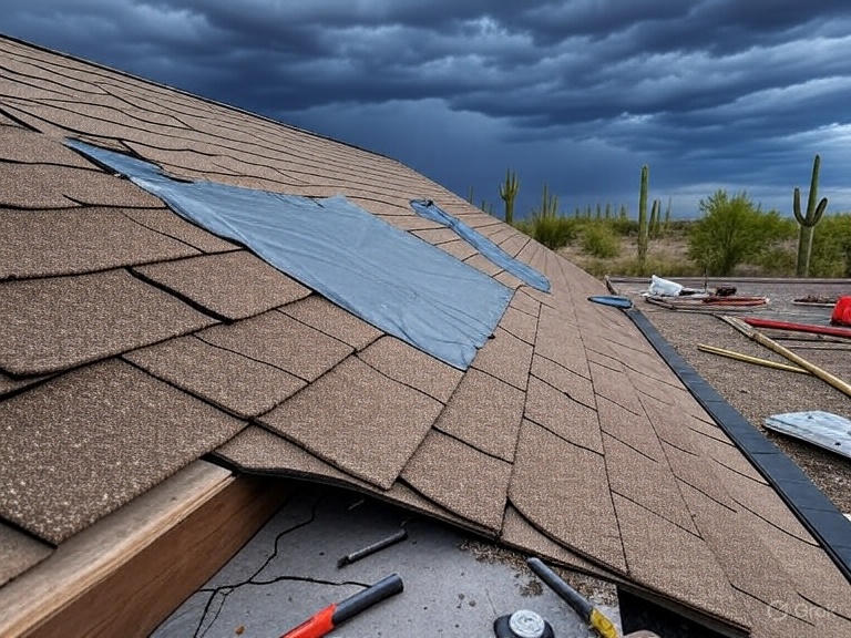 temporary roof patching in Arizona, showing a damaged roof with cracked tiles, tarp and sealant application, monsoon storm clouds, desert landscape with cacti, and tools for quick fixes