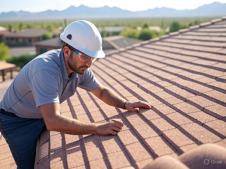 Professionals inspecting and repairing desert roof in Arizona, illustrating annual maintenance costs for tile, shingle, foam roofs against heat and monsoons.