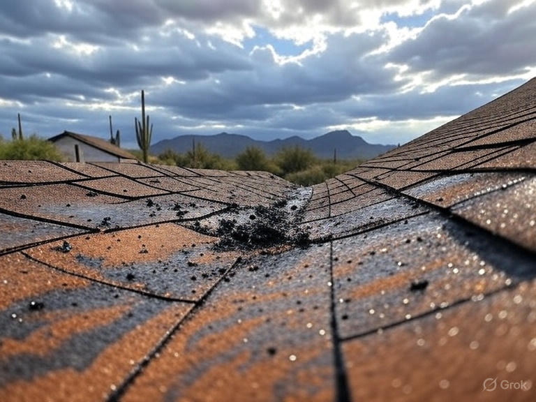 Close-up view of a damaged shingle roof showing water pooling and cracks during an Arizona monsoon, with desert cactus and mountains in the background highlighting structural roof leak emergency signs.