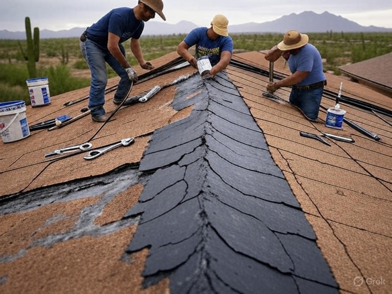 roof flashing repair in Arizona, showing damaged flashing around chimneys and vents, repair crew applying sealant, cracked tiles from heat, monsoon storm clouds, desert landscape with cacti, and tools for fixes