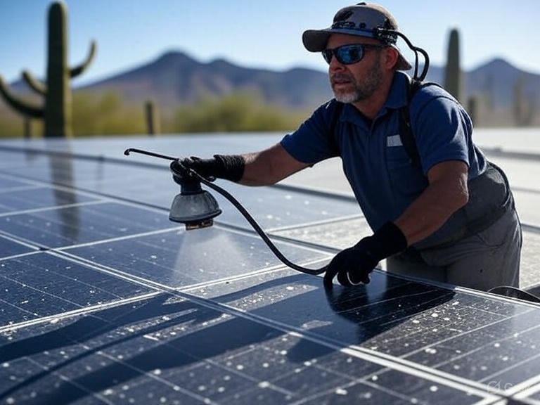 Professionals cleaning and inspecting solar panels on Arizona roof, preventing damage from heat, UV, monsoons for efficient solar roof maintenance.