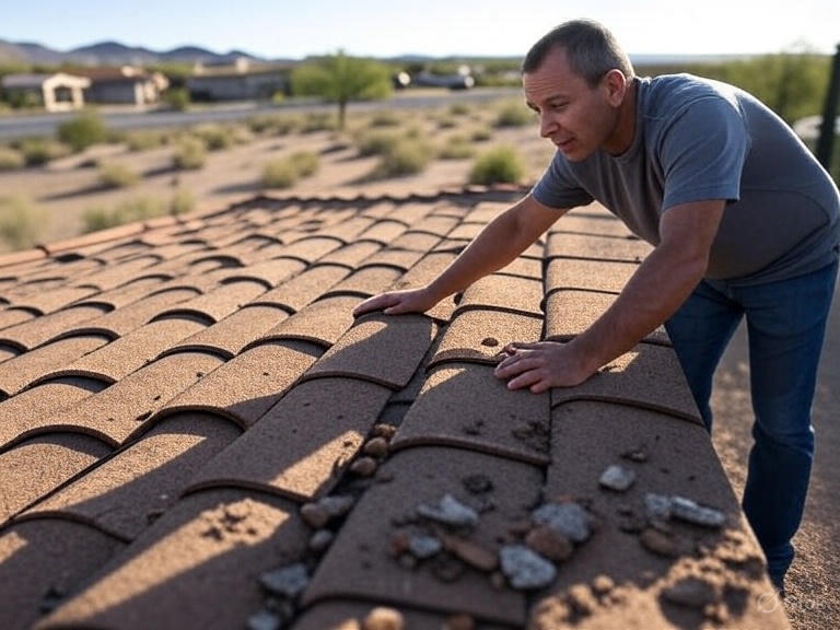 Monthly roof inspection checklist in Arizona: Homeowner examining tile roof for debris, cracks, damaged flashings, and leak signs in desert landscape with mountains, highlighting monthly checks for optimal roof maintenance in Maricopa, Chandler, and Tucson.